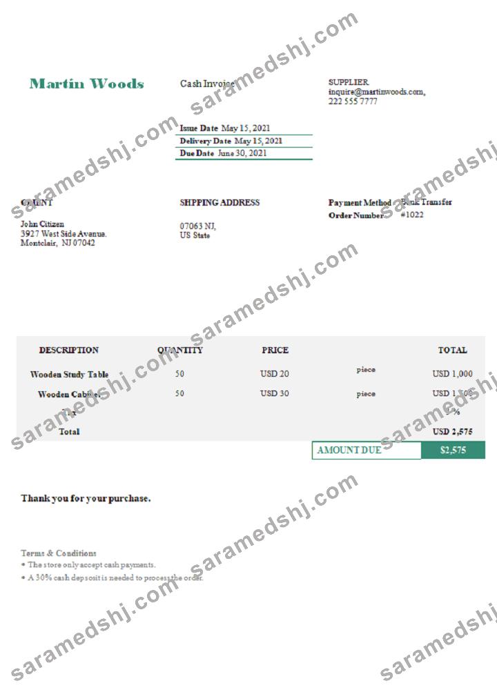 USA Martin Woods invoice